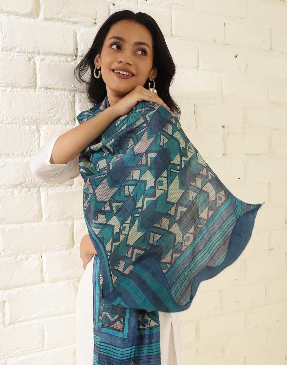 blue silk hand block printed stole