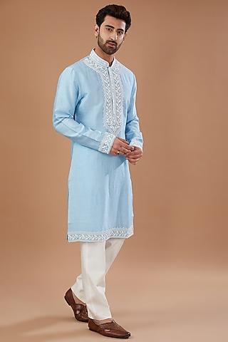 blue silk hand embellished kurta set