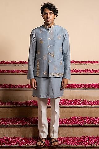 blue silk hand embroidered bundi jacket