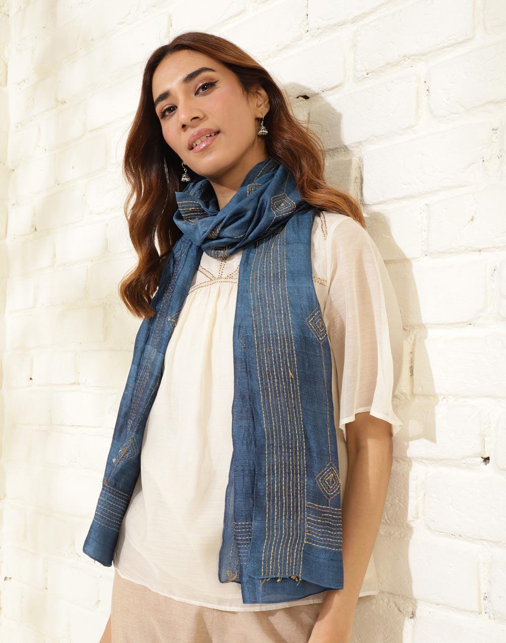 blue silk kantha stole