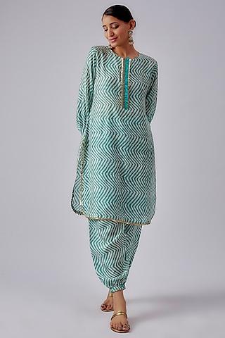 blue silk muslin printed & embroidered kurta set