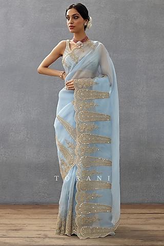 blue silk organza & cotton silk embroidered saree