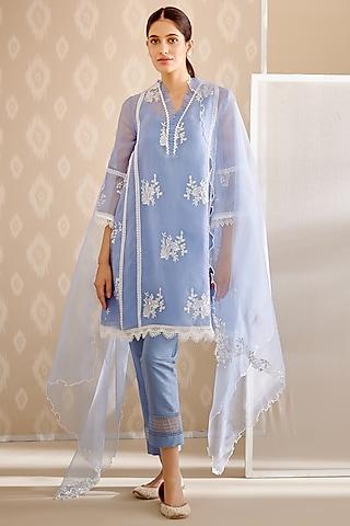 blue silk organza embroidered a-line kurta set