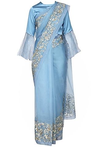 blue silk organza embroidered saree set