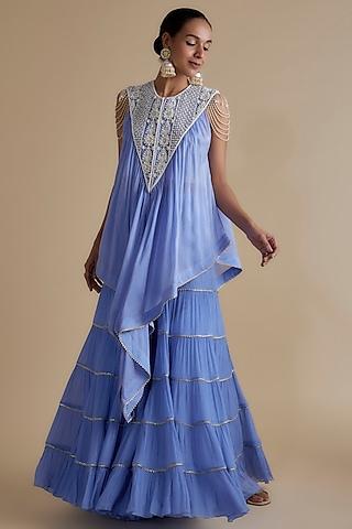 blue silk organza embroidered tunic set