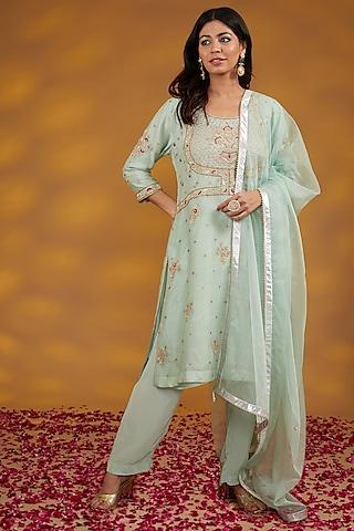 blue silk organza zardosi hand embroidered kurta set