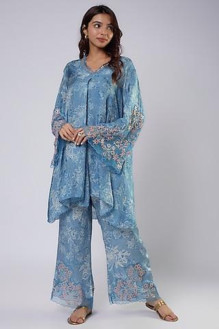 blue silk polka printed & embroidered kurta set