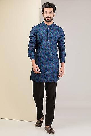 blue silk printed & embroidered kurta set