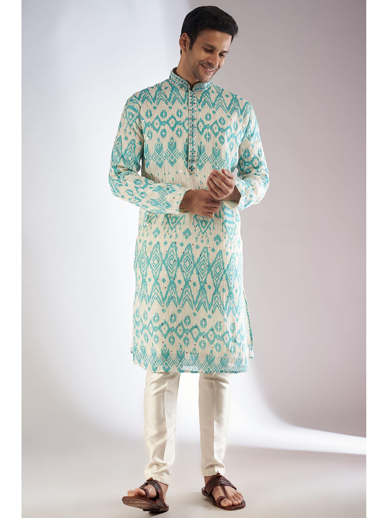 blue silk printed & embroidered kurta with pant (set of 2)