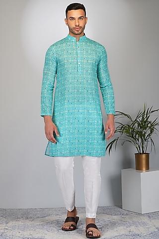 blue silk printed kurta set