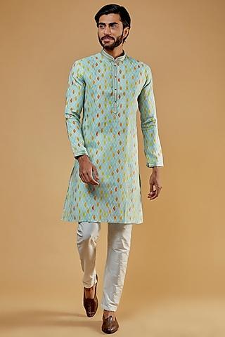 blue silk printed kurta set