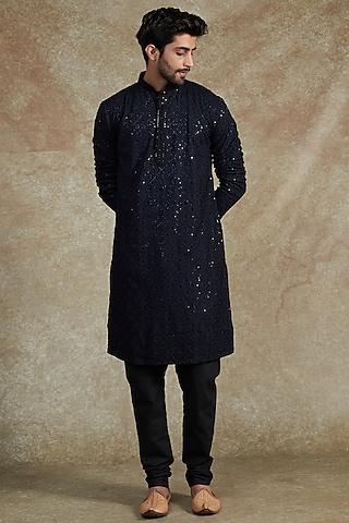 blue silk rayon embroidered kurta set