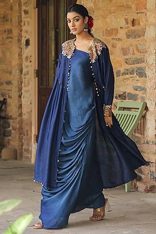 blue silk resham embroidered jacket dress