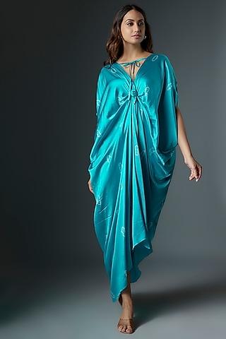 blue silk satin bandhani printed dress