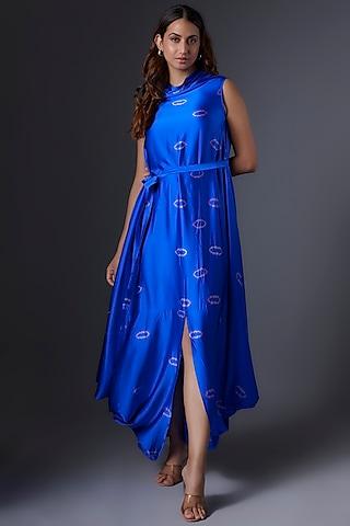 blue silk satin bandhani printed dress