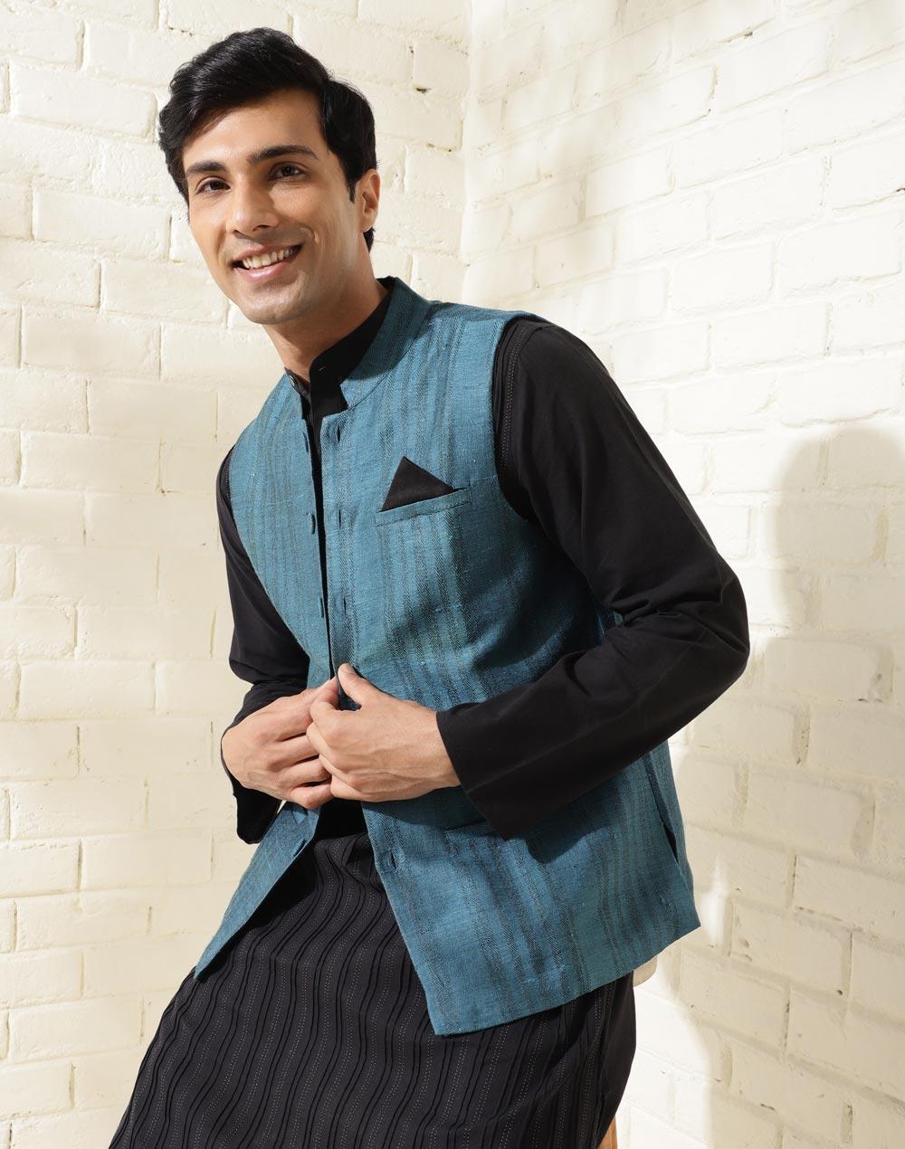 blue silk striped jacket nehru