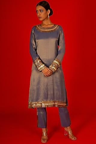 blue silk tissue hand embroidered kurta set