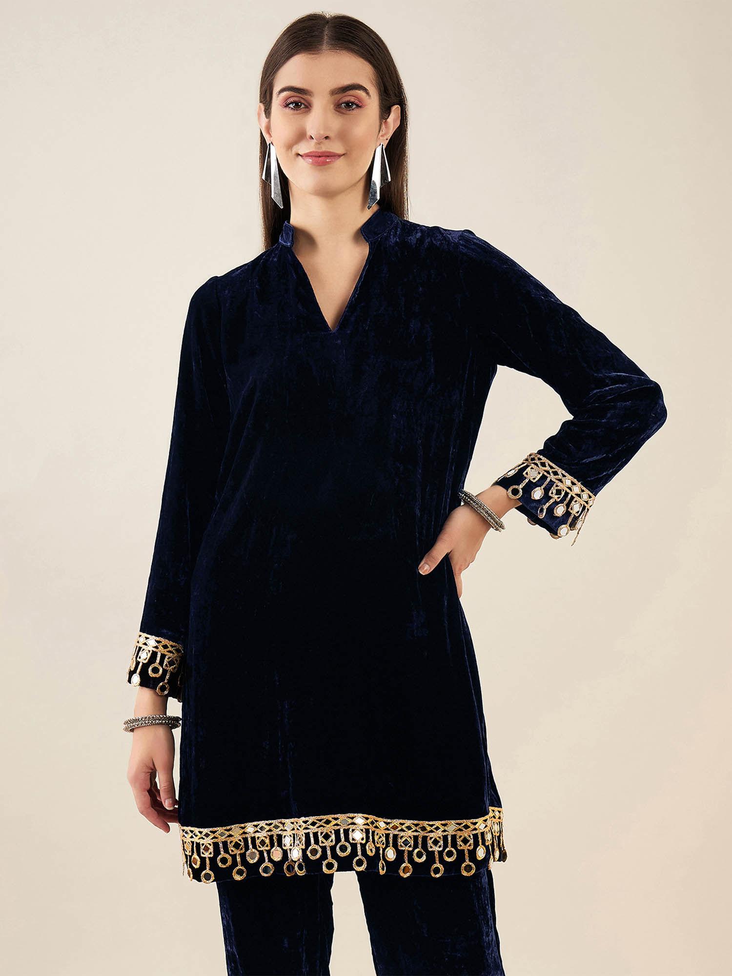 blue silk velvet kurta with mirror lace detail