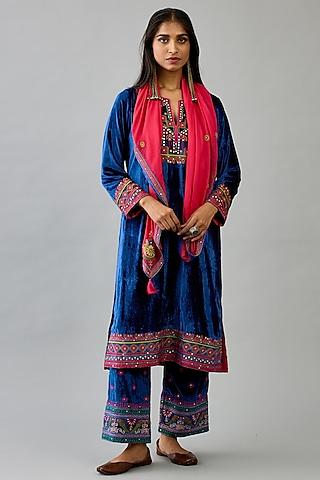 blue silk velvet sequins embroidered straight kurta set