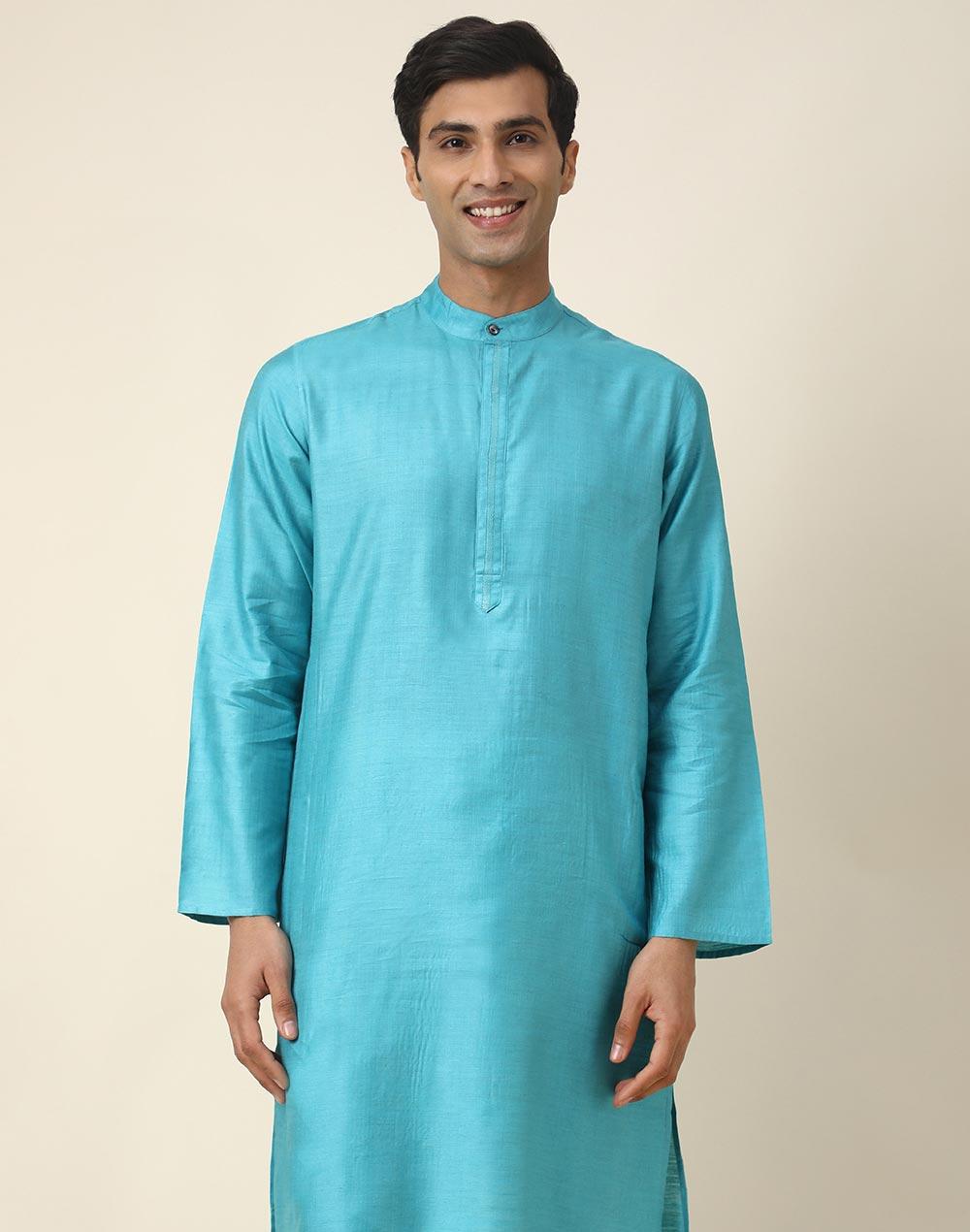 blue silk woven long kurta