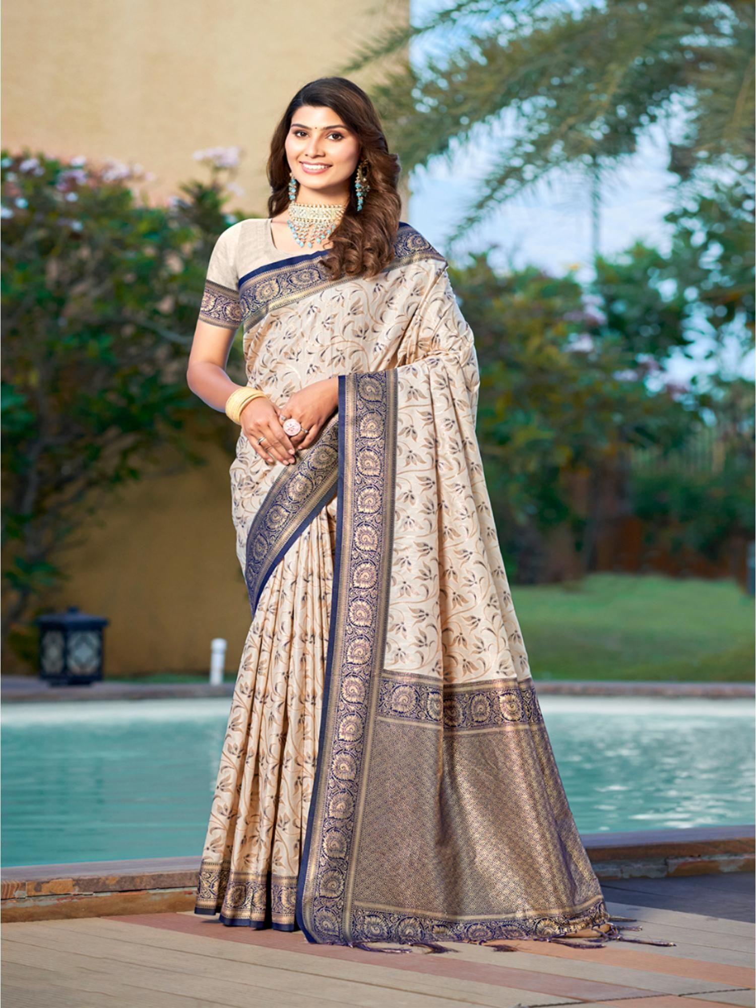 blue silk woven work traditional saree with unstitched blouse