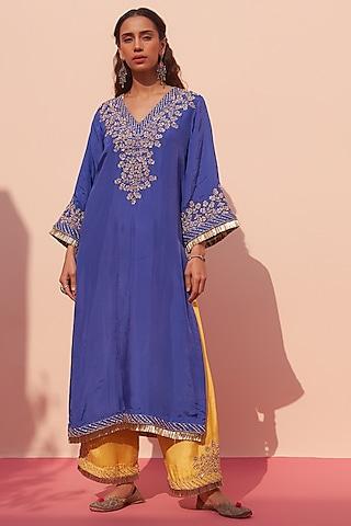 blue silk zardosi embroidered choga set