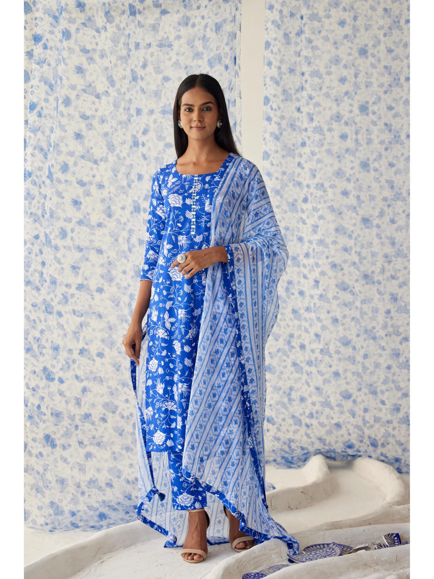 blue sindhu straight suit (set of 3)