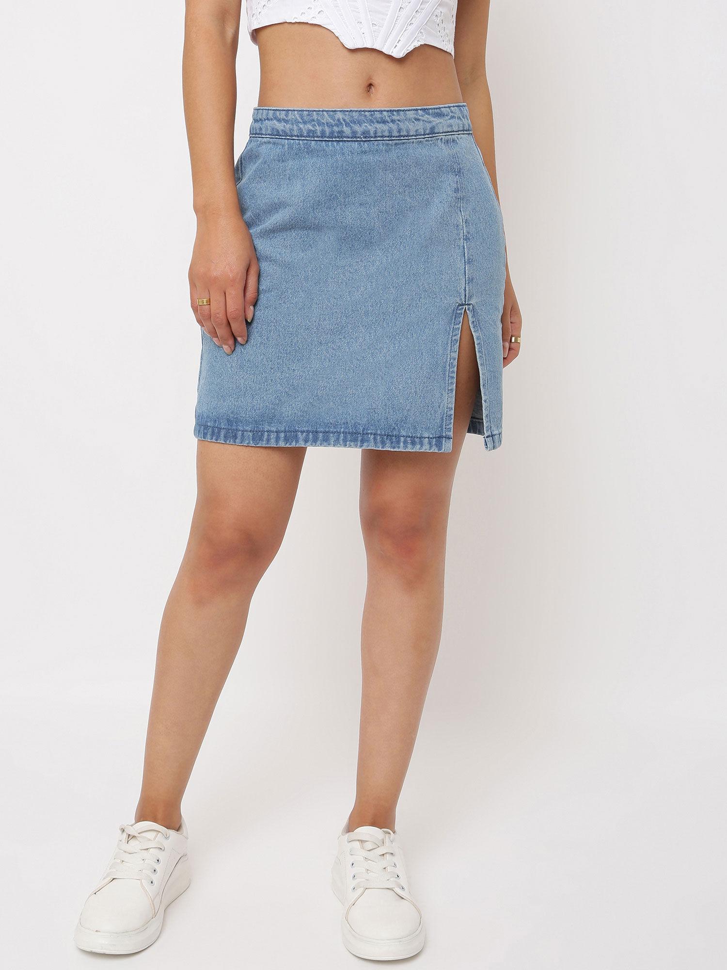 blue single split denim mini skirt