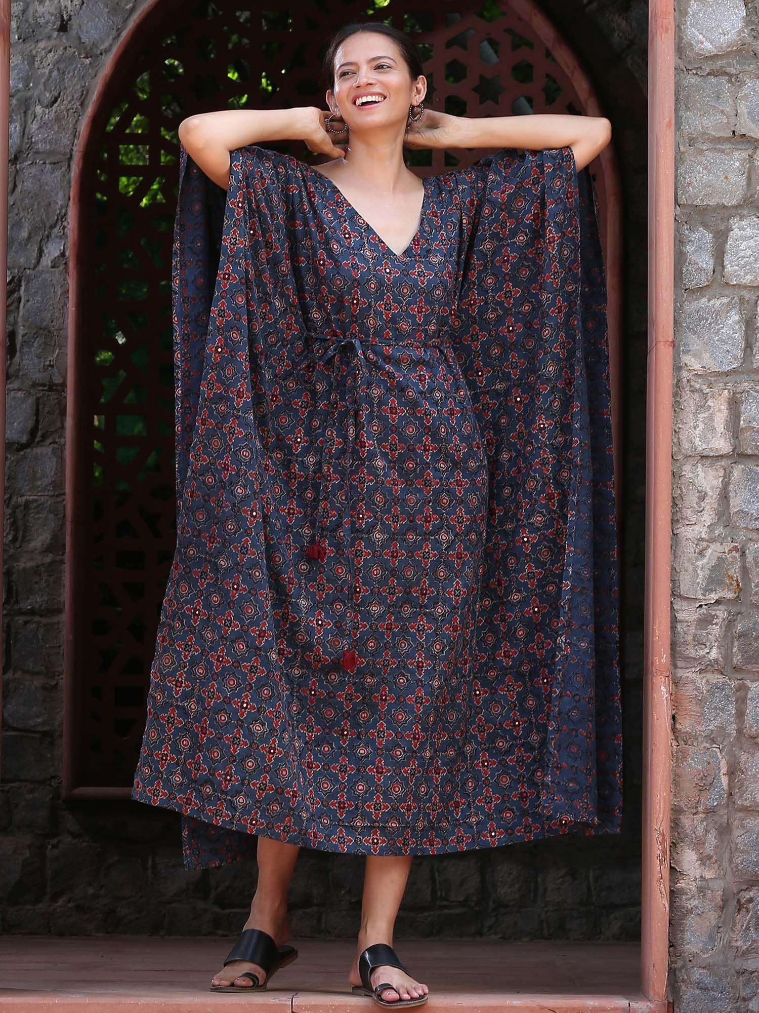 blue sky pure cotton handblock printed ajrakh mirror work kaftan