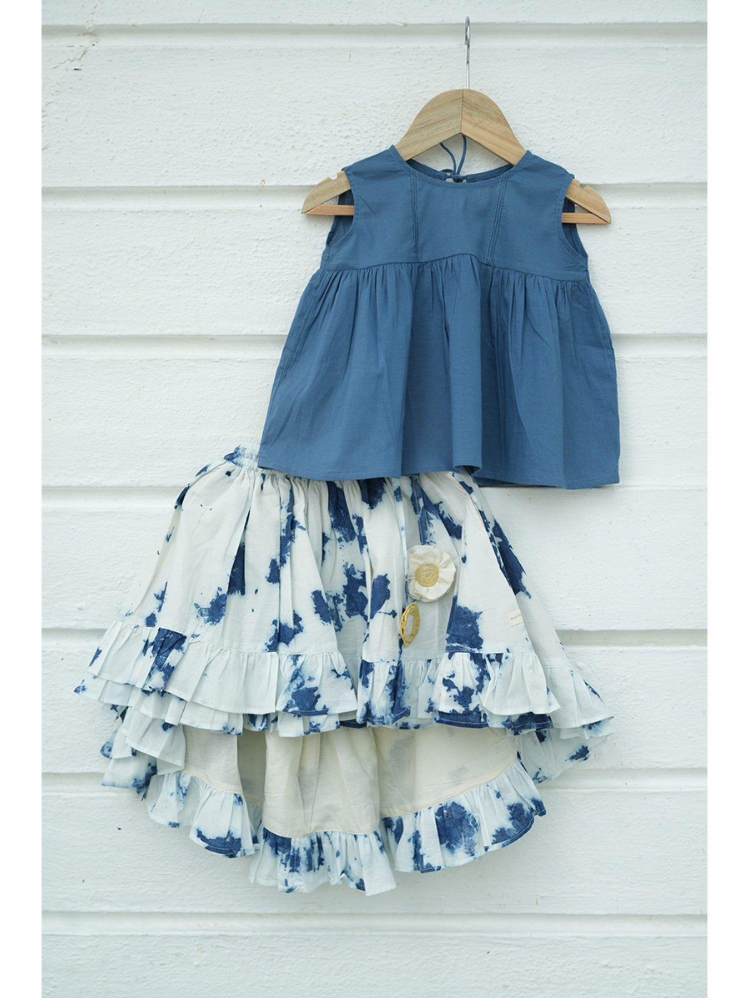 blue sky top and high low tie and dye skirt in indigo (set of 2)