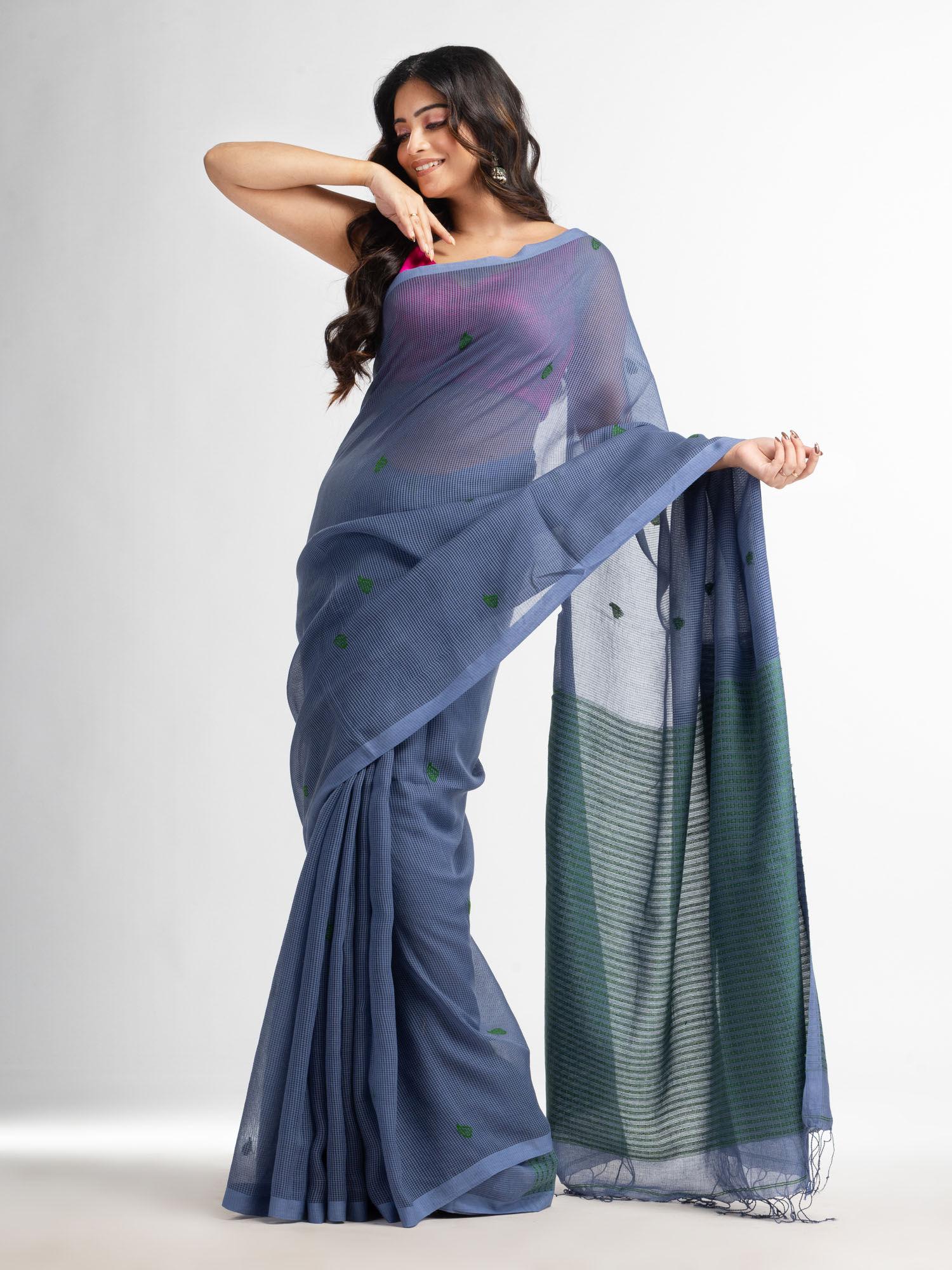 blue slate grey resham cotton kota check buti jacquard pallu saree with unstitched blouse