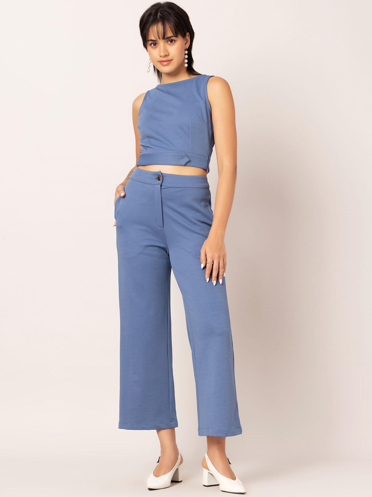 blue sleeveless crop top and straight fit trouser (set of 2)