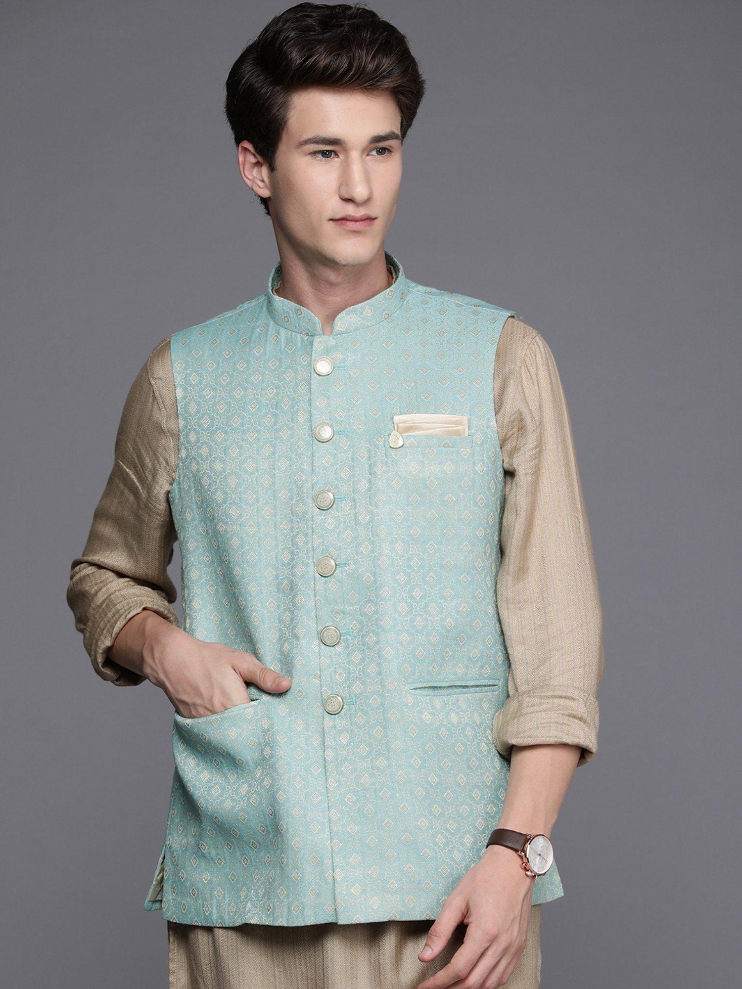 blue sleeveless mandarin collar nehru jacket