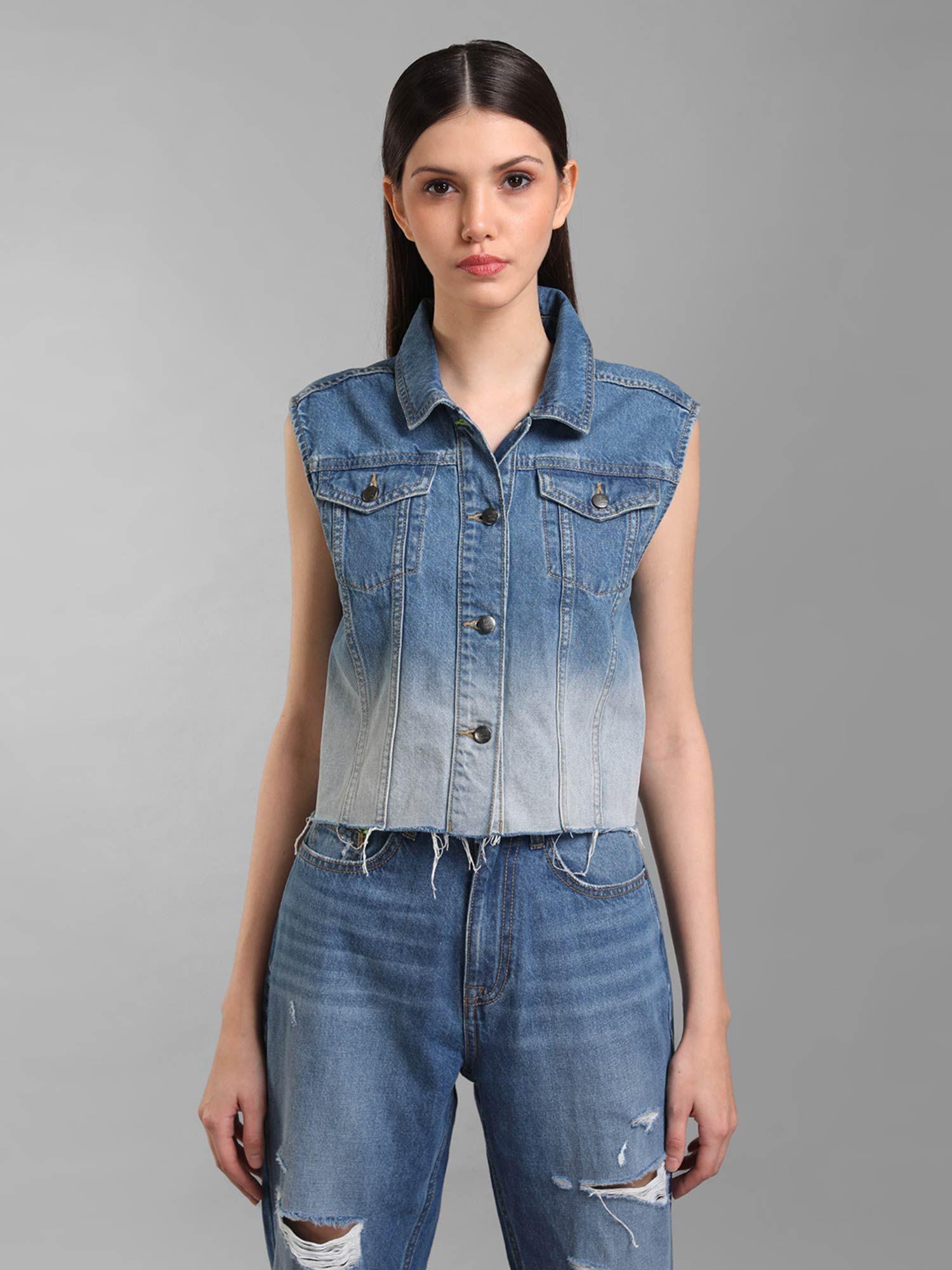 blue sleeveless ombre denim jacket