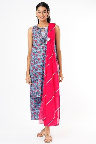 blue sleeveless printed kurta set with tassels