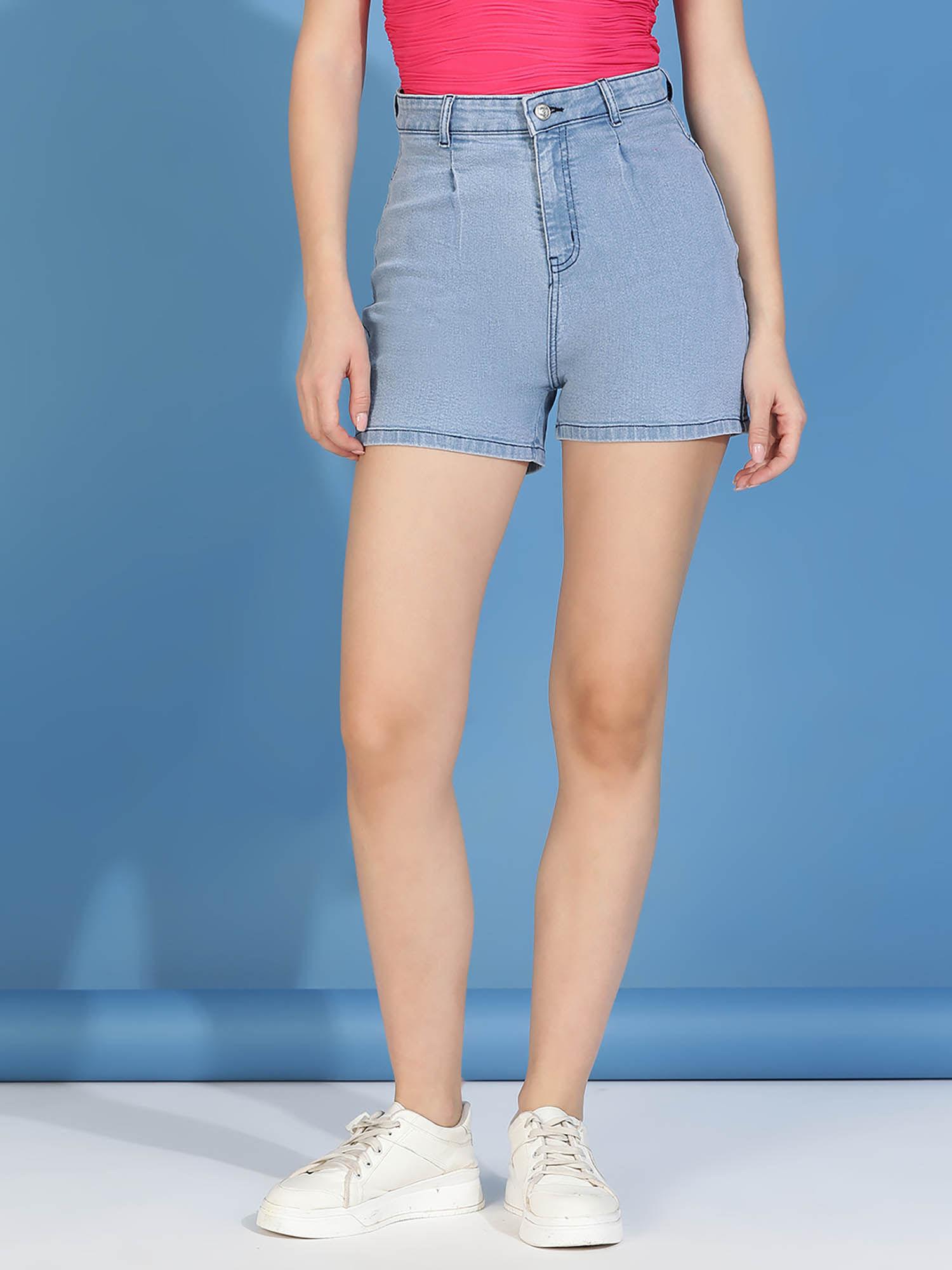 blue slim fit high-rise denim shorts