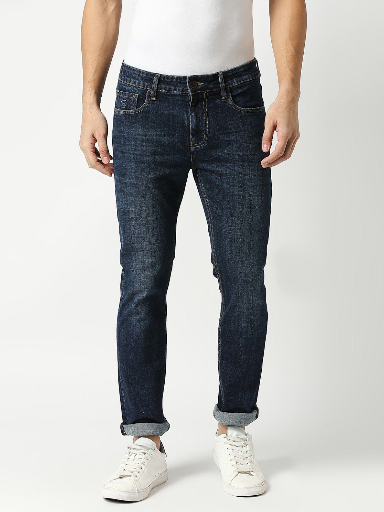 blue slim straight stretch denim jeans