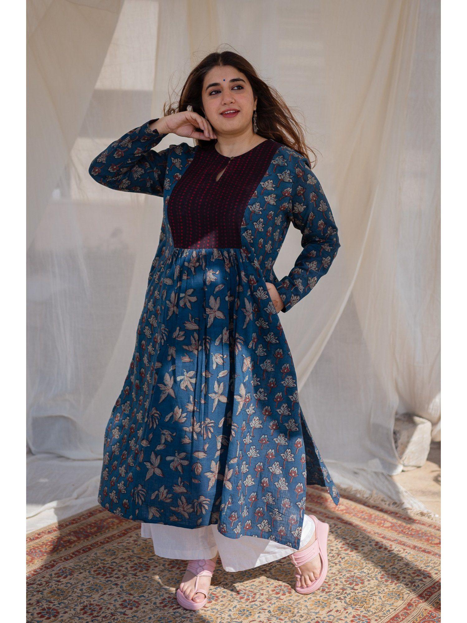 blue slub patchwork cotton kurta