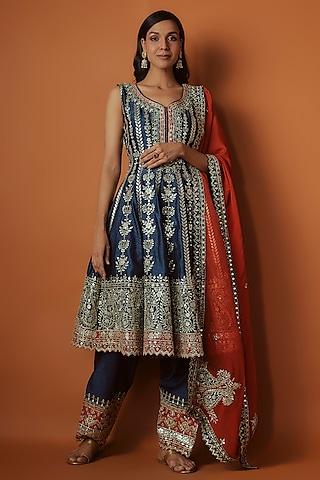 blue slub silk mirror embroidered short anarkali set