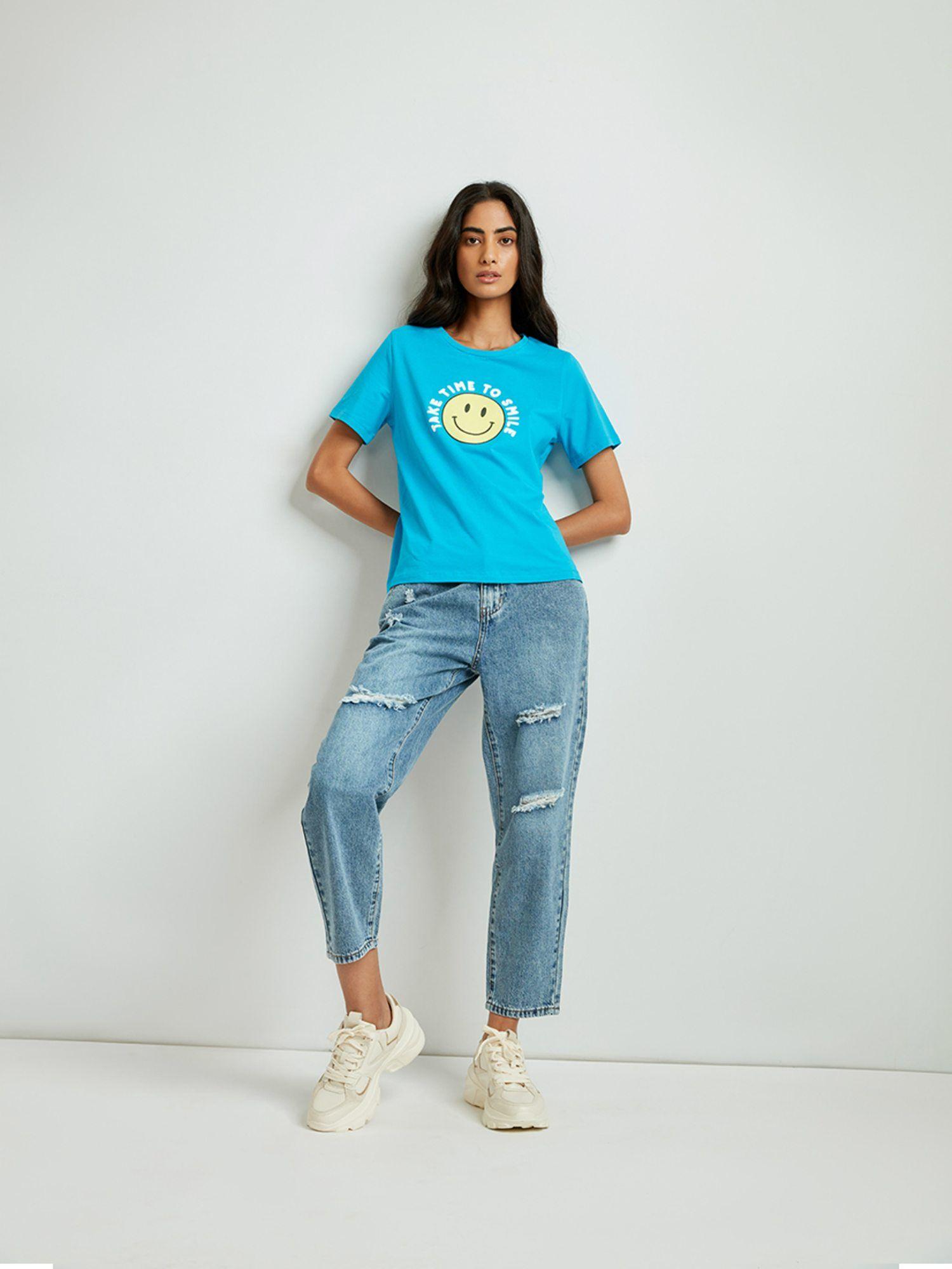 blue smiley face graphic tee