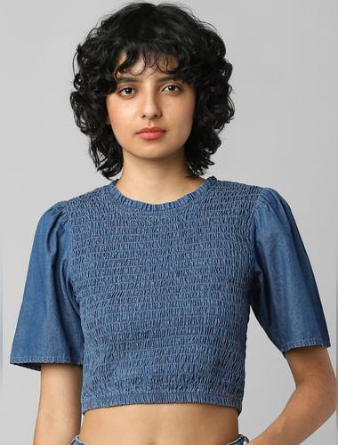 blue smocked denim top