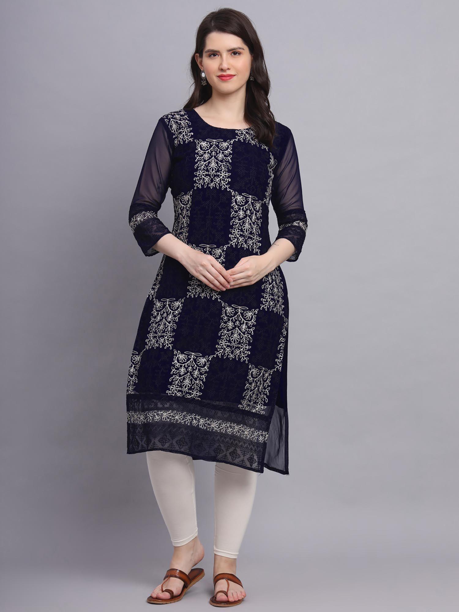 blue soft georgette kurta with lucknowi chikankari work straigh kurtas