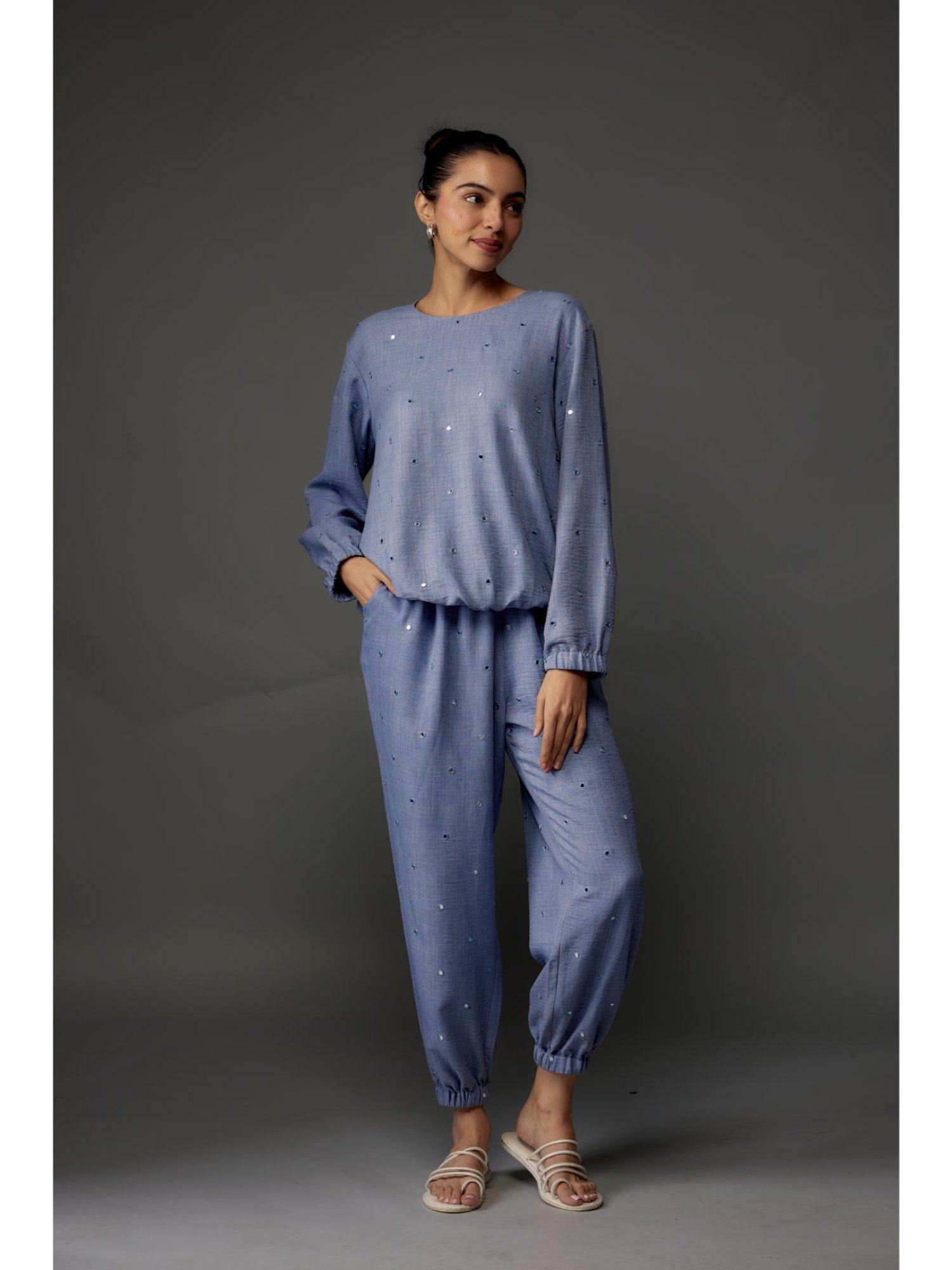 blue soft linen embroidered top and jogger co-ord (set of 2)