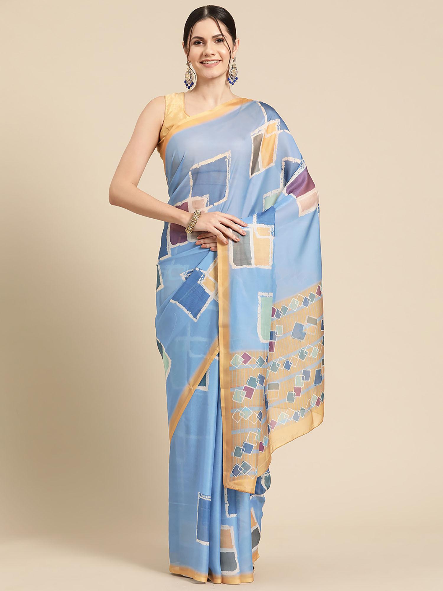 blue soft silk color blocked digital printed saree with unstitched blouse