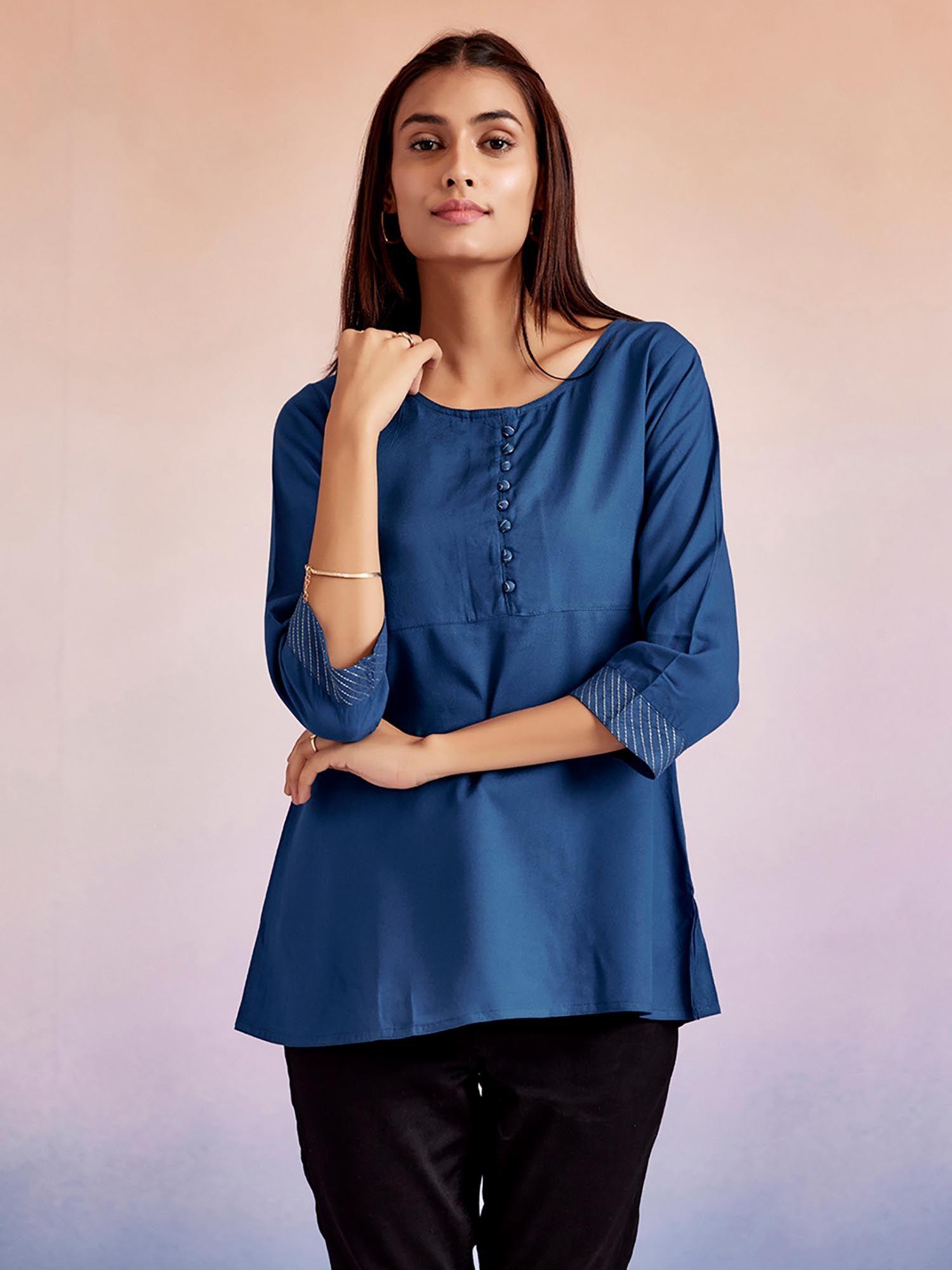 blue solid a-line thread work tunic