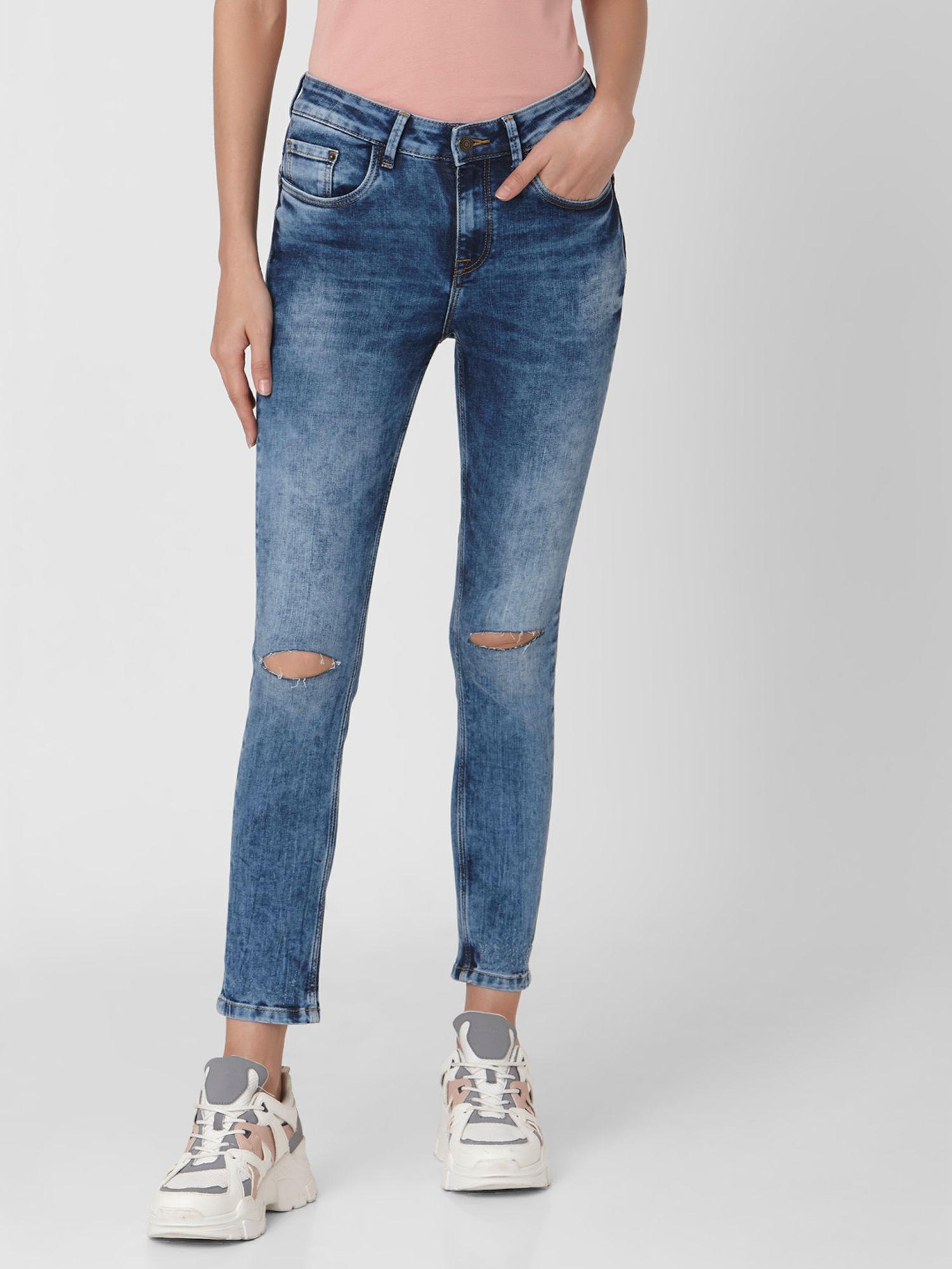 blue solid acid wash ribbed jeans