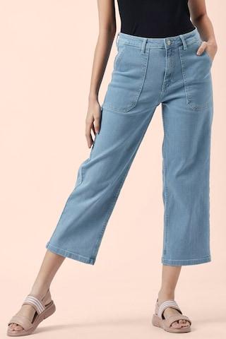 blue solid ankle-length casual women wide leg jeans