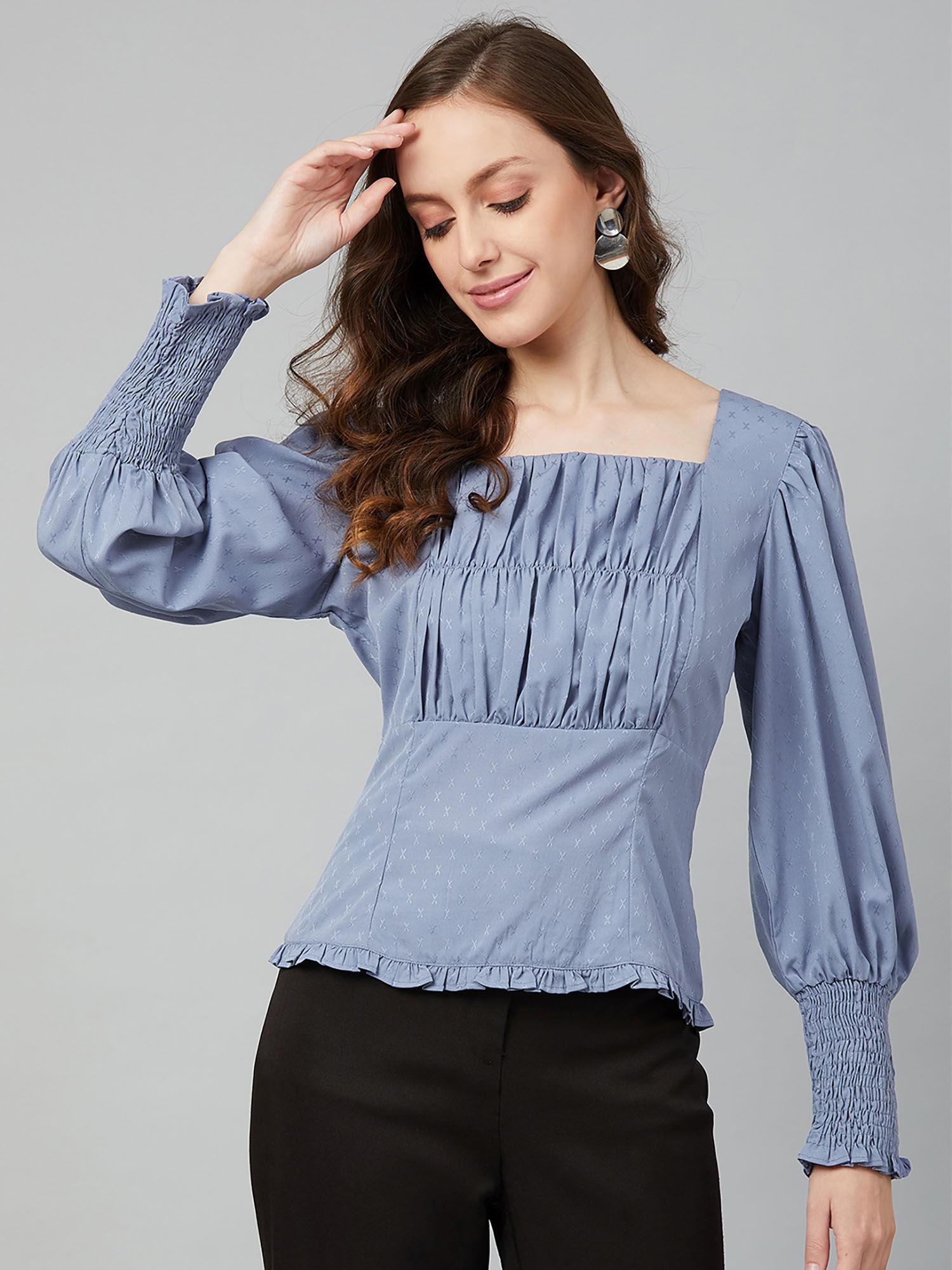 blue solid balloon sleeve casual top