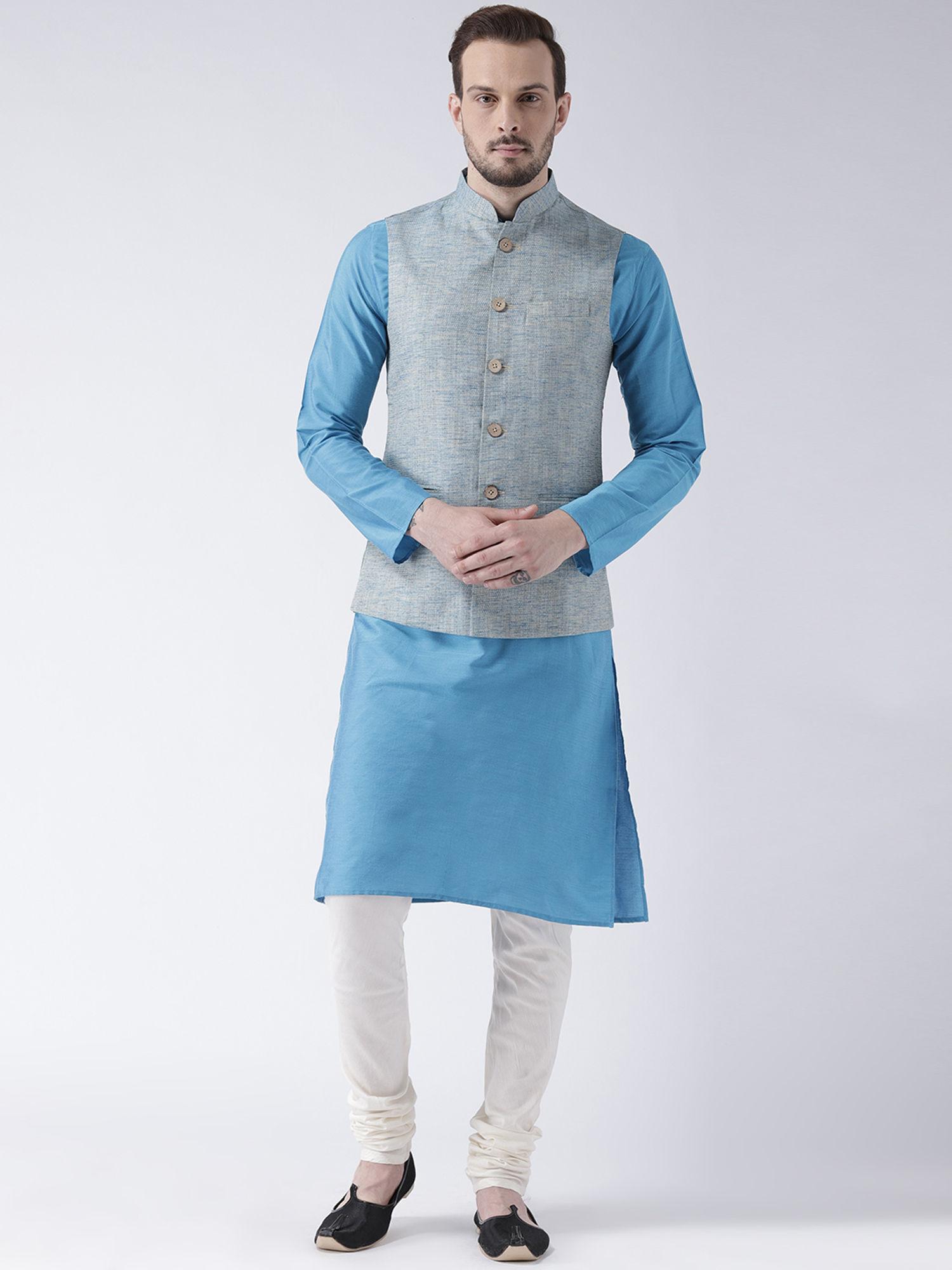 blue solid banarasi kurta with churidar and nehru jacket (set of 3)