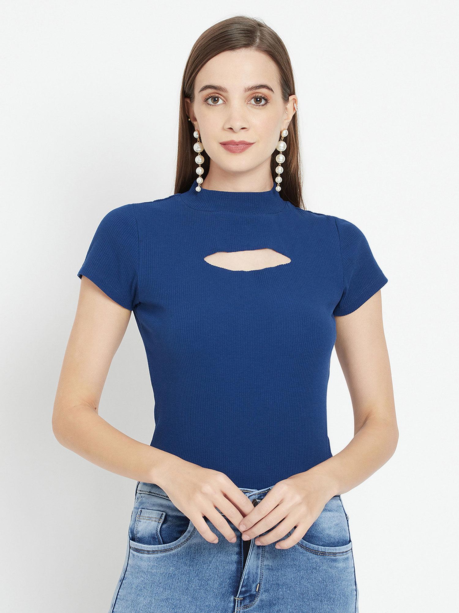 blue solid blue cut out knitted short sleeve body fit top